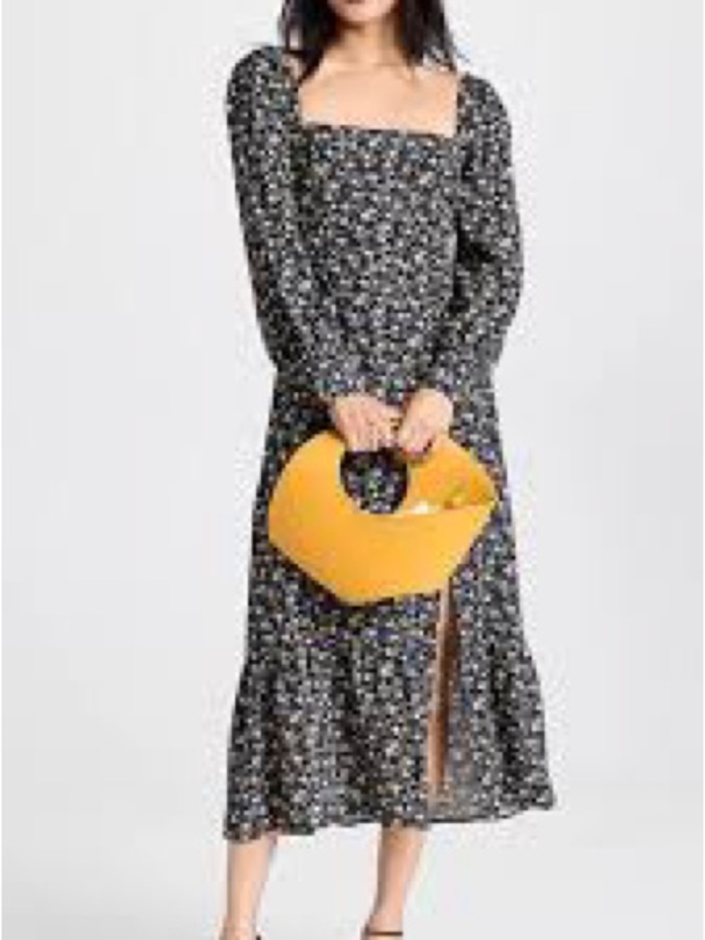 Paige Black Floral Square-Neck Midi Dress with Puff Sleeves
